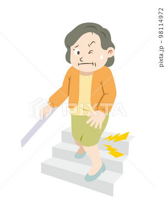 膝が痛い階段を降りるシニア女性（輪郭線なし） 98114972
