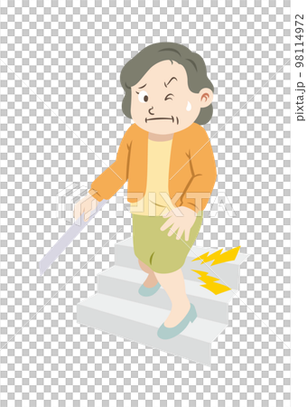 膝が痛い階段を降りるシニア女性（輪郭線なし） 98114972