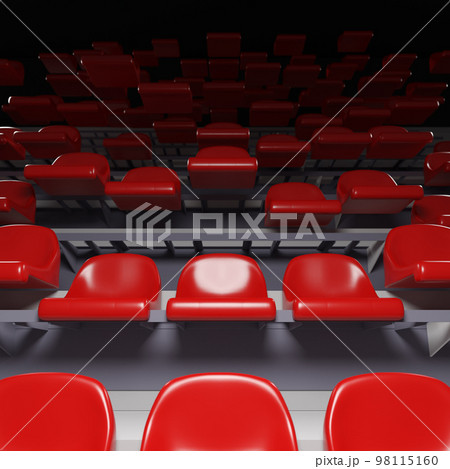 Stadium or venue tier with red plastic seats risen up randomly. 3D rendering Stadium or venue tier with red plastic seats risen up randomly. 3D rendering 98115160
