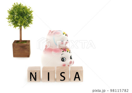 NISAイメージ　積み木を見つめる豚の親子（貯金箱） 98115782