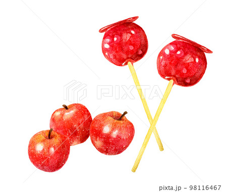 りんご飴と林檎 スイーツ・お菓子の手描き水彩イラスト素材 りんご飴と林檎 スイーツ・お菓子の手描き水彩イラスト素材 98116467