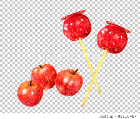 りんご飴と林檎 スイーツ・お菓子の手描き水彩イラスト素材 りんご飴と林檎 スイーツ・お菓子の手描き水彩イラスト素材 98116467