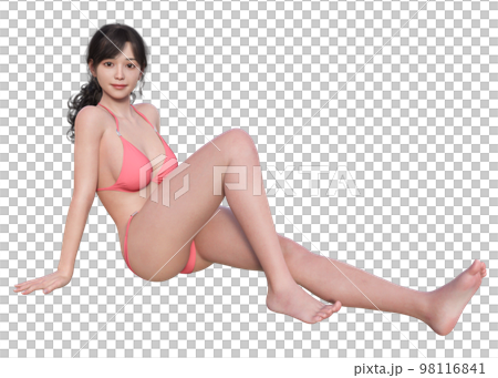 膝を立てて座っている水着の日本人女性3Dモデルの全身正面イラスト 98116841