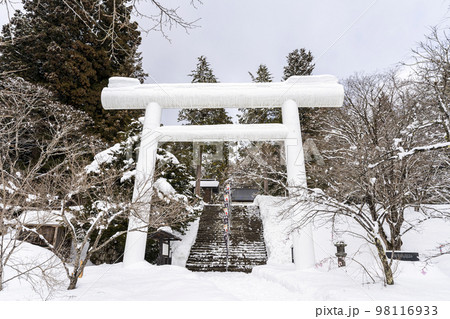 冬の土津神社 白い鳥居と参道 福島県猪苗代町 冬の土津神社 白い鳥居と参道 福島県猪苗代町 98116933