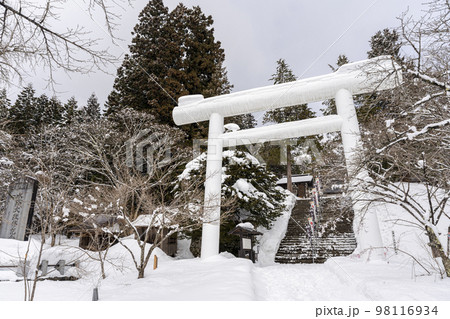 冬の土津神社　白い鳥居と参道　福島県猪苗代町 98116934