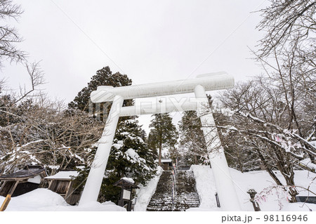 冬の土津神社　白い鳥居と参道　福島県猪苗代町 98116946
