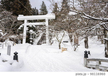 冬の土津神社 白い鳥居と参道 福島県猪苗代町 冬の土津神社 白い鳥居と参道 福島県猪苗代町 98116960
