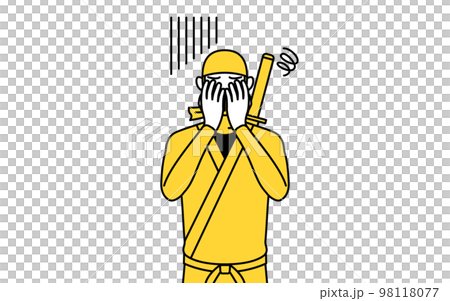 一個穿著忍者 cosplay 的男人，他很沮喪，捂著臉 98118077