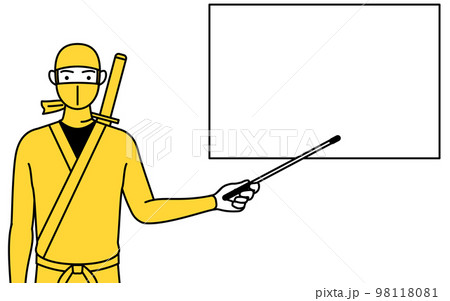 ホワイトボードを指示棒で指す忍者のコスプレをした男性 98118081