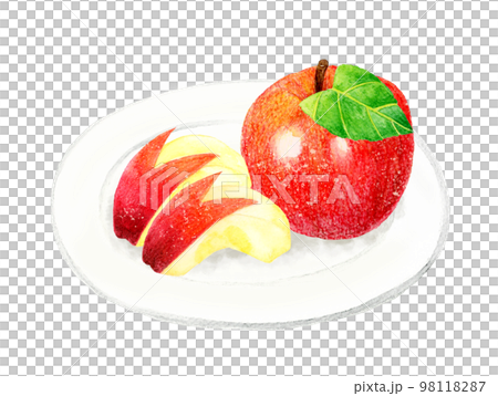 葉っぱ付きのりんごとうさぎりんごのセット　フルーツの手描き水彩イラスト素材 98118287