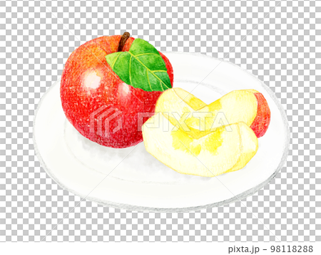 葉っぱ付きのりんごとくし形切りにした蜜入りりんごのセット　フルーツの手描き水彩イラスト素材 98118288