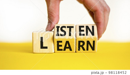 Listen and learn symbol. Businessman turns wooden cubes and changes a concept word Listen to Learn on a beautiful white background. Copy space. Business, educational and listen and learn concept. Listen and learn symbol. Businessman turns wooden cubes and changes a concept word Listen to Learn on a beautiful white background. Copy space. Business, educational and listen and learn concept. 98118452