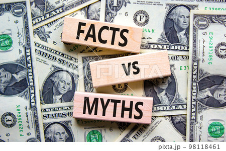 Facts vs myths symbol. Concept words Facts vs myths on wooden blocks on a beautiful background from dollar bills. Business, finacial and facts vs myths concept. Copy space. Facts vs myths symbol. Concept words Facts vs myths on wooden blocks on a beautiful background from dollar bills. Business, finacial and facts vs myths concept. Copy space. 98118461