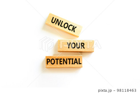Unlock your potential symbol. Concept words Unlock your potential on wooden blocks. Beautiful white table white background. Business, psychological unlock your potential concept. Copy space. Unlock your potential symbol. Concept words Unlock your potential on wooden blocks. Beautiful white table white background. Business, psychological unlock your potential concept. Copy space. 98118463