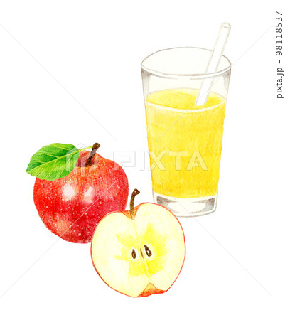 コップに入ったりんごジュースとりんごの果実　飲み物とフルーツの手描き水彩イラスト素材 98118537