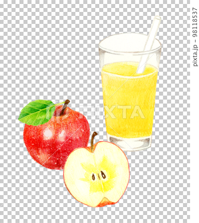 コップに入ったりんごジュースとりんごの果実　飲み物とフルーツの手描き水彩イラスト素材 98118537
