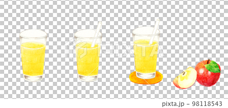 コップに入ったりんごジュースとりんごの果実のセット　飲み物とフルーツの手描き水彩イラスト素材 98118543