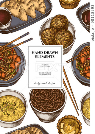 Asian food pattern card design. Hand drawn jiaozi, jian dui, egg tart, noodles with shrimp, egg soup, noodles bowl. 98118593