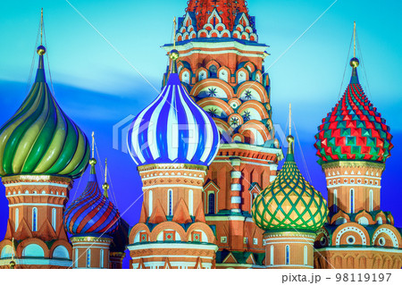 St. Basils Cathedral at dramatic dawn in Moscow, Russia 98119197