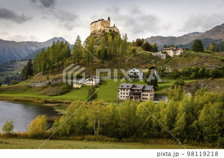 Idyllic landscape of Scuol Tarasp village, Engadine, Swiss Alps, Switzerland 98119218