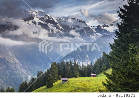 Snowcapped Bernese Swiss alps, Breithorn and alpine farms, Switzerland Snowcapped Bernese Swiss alps, Breithorn and alpine farms, Switzerland 98119273