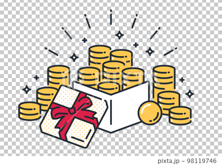 コインがたくさん入ったプレゼントボックスのシンプルなベクターアイコンイラスト素材 98119746