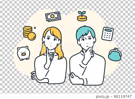 Simple vector illustration material of young men and women thinking about money 98119747