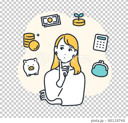 Simple vector illustration material of a young woman thinking about money Simple vector illustration material of a young woman thinking about money 98119748