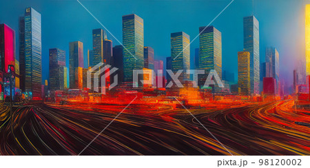 Illuminated Cityscape Against Sky At Night. light trails on the modern building background. image created with generative AI Illuminated Cityscape Against Sky At Night. light trails on the modern building background. image created with generative AI 98120002