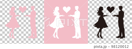 Set of silhouette illustrations of couples of men and women holding a heart Set of silhouette illustrations of couples of men and women holding a heart 98120012