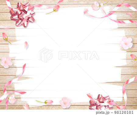 薄いピンク色のかわいい桜とリボン飾りー木目のボード白いペンキの塗りあとフレーム背景素材 98120101