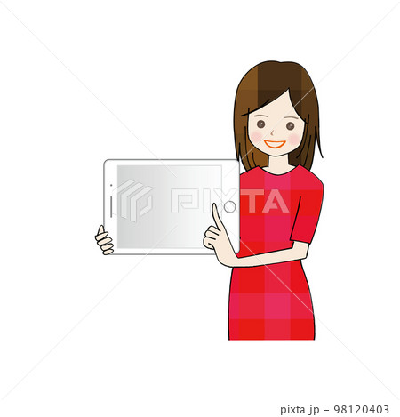 タブレットを持って笑顔で説明をする女性 98120403