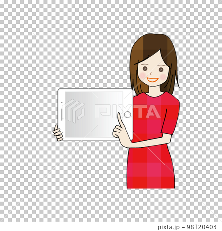一位女士拿著平板電腦微笑著解釋 一位女士拿著平板電腦微笑著解釋 98120403