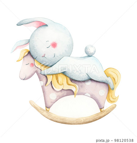 Cute plush bunny riding a hand drawn rocking horse. Cute plush bunny riding a hand drawn rocking horse. 98120538