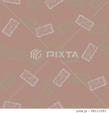 Chess clock engraved seamless pattern. Retro watch for chess game in hand drawn style. Sketch texture for fabric, wallpaper, textile, print, title, wrapping paper. Vector illustration. Chess clock engraved seamless pattern. Retro watch for chess game in hand drawn style. Sketch texture for fabric, wallpaper, textile, print, title, wrapping paper. Vector illustration. 98121091