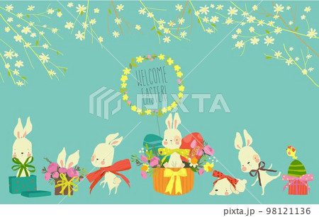 Cartoon Easter Illustration with Cute White Bunnies, Eggs and Flowers Cartoon Easter Illustration with Cute White Bunnies, Eggs and Flowers 98121136