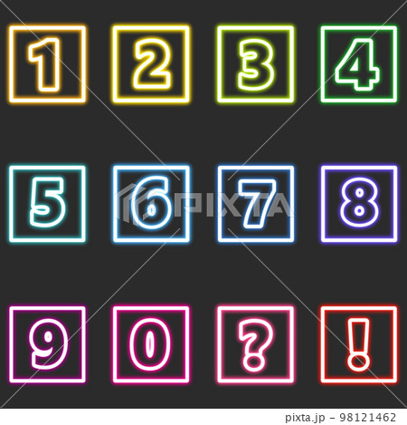 カラフルな四角形のネオンの数字セットのイラスト素材