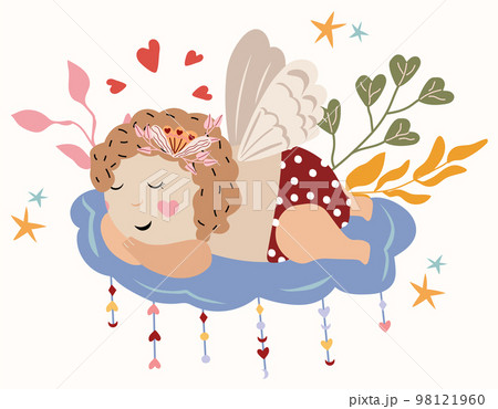 Cute cupid for valentine's day with leaves and stars around. Dreamy cupid as a symbol of love. February 14 is the day of St. valentine. Cupid for greeting cards, poster, banner.Vector. Cute cupid for valentine's day with leaves and stars around. Dreamy cupid as a symbol of love. February 14 is the day of St. valentine. Cupid for greeting cards, poster, banner.Vector. 98121960