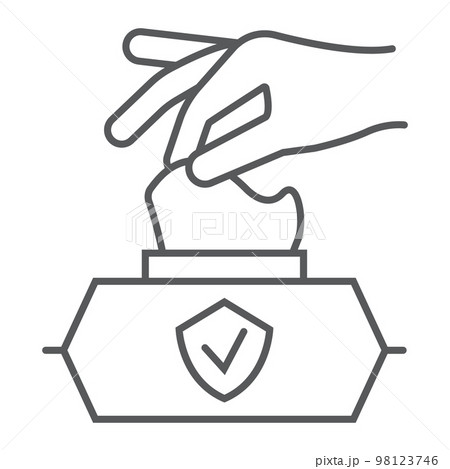 Hand pulling wet tissue thin line icon, wash and hygiene, hand tissues sign, vector graphics, a linear pattern on a white background, eps 10 98123746