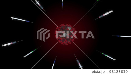 Realistic coronavirus cell 3D animation isolated on black background. Syringes close-up for COVID-19. Seamless loop 3D render. 98123830