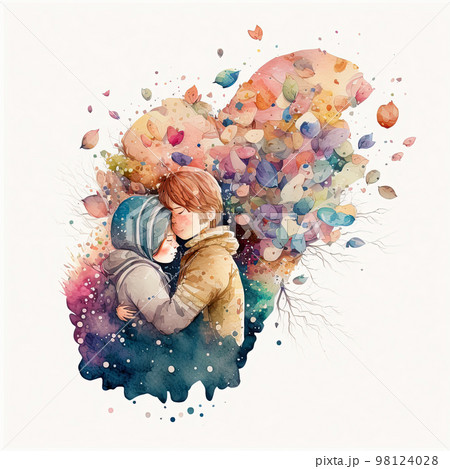 Couple in love hugging and kissing. Young love. - Stock Illustration  [98124028] - PIXTA