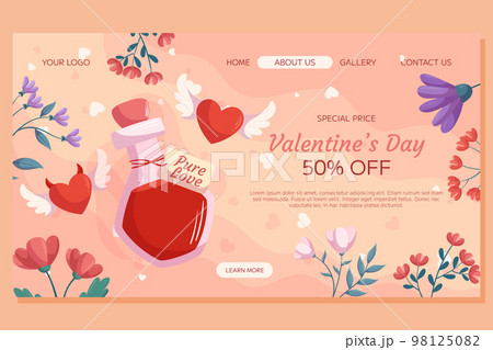 St. Valentine's Day Landing page template design. Love potion bottle two heart with wings demon and angel, flower frame on beige back. Special Price concept online shopping. 98125082