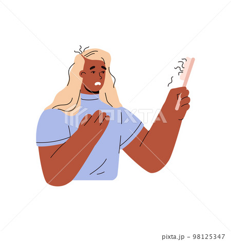 Frustrated woman suffering from alopecia, flat vector illustration isolated on white background. Frustrated woman suffering from alopecia, flat vector illustration isolated on white background. 98125347