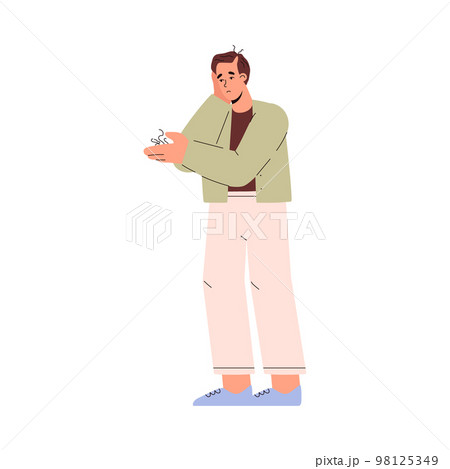 Sad man holding fallen hairs in hand, alopecia problem - flat vector illustration isolated on white background. Sad man holding fallen hairs in hand, alopecia problem - flat vector illustration isolated on white background. 98125349
