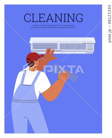 Air conditioner cleaning service advertising poster, flat vector illustration. 98125393