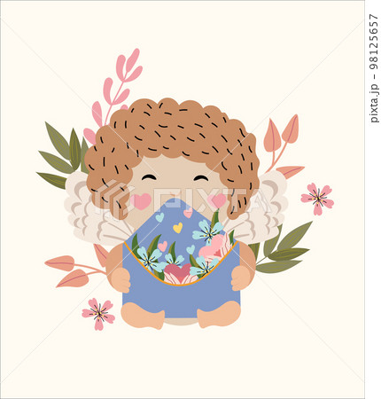 A cute cupid is holding a card, surrounded by leaves and flowers. Little cupid as a symbol of love. Composition for greeting cards, posters, banners. Vector. A cute cupid is holding a card, surrounded by leaves and flowers. Little cupid as a symbol of love. Composition for greeting cards, posters, banners. Vector. 98125657