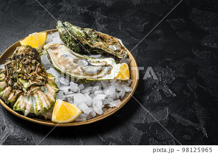 Fresh oysters with lemon on ice. Dark background. Top view. Copy space 98125965