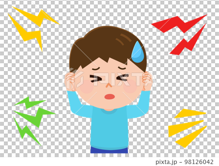 聽力過敏一個男孩因為聲音很痛而摀住耳朵插圖 98126042