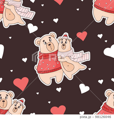 Seamless pattern with enamored bears on black background with hearts. Vector illustration. Endless background for valentines, wallpapers, packaging, print 98126046