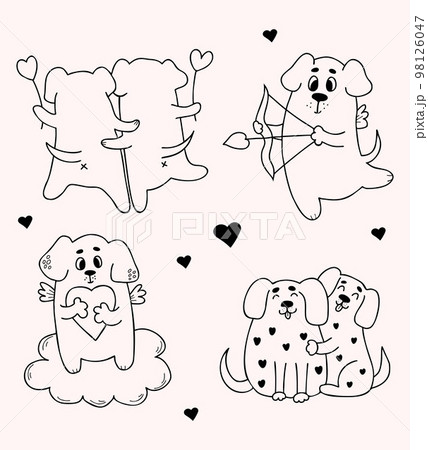 Loving dogs. Collection romantic pets with heart and cute hugging dogs. Vector illustration. Isolated Outline drawings for design and decor of valentines, love postcards, printing Loving dogs. Collection romantic pets with heart and cute hugging dogs. Vector illustration. Isolated Outline drawings for design and decor of valentines, love postcards, printing 98126047